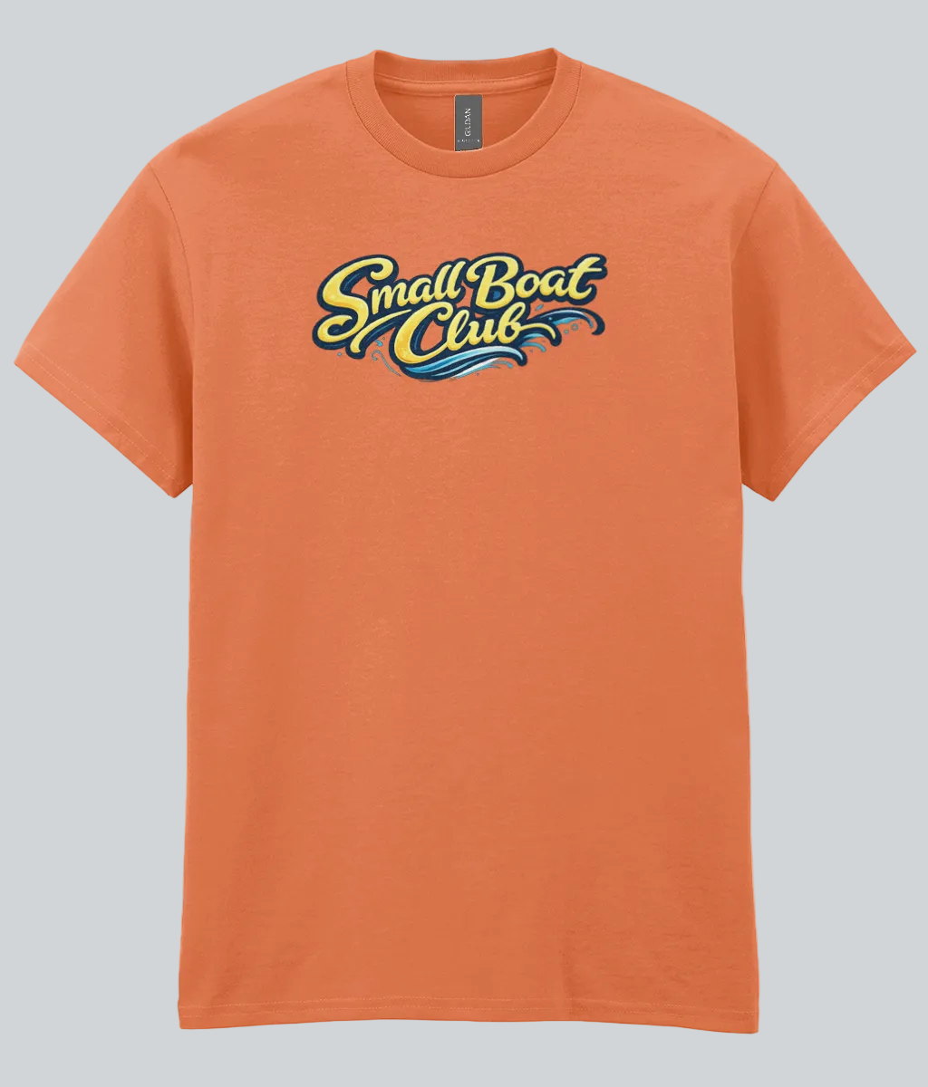 Orange t-shirt with 'Small Boat Club' logo on a white background