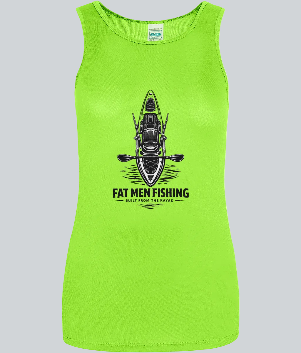 Lime green tank top with kayak graphic and text on a white background