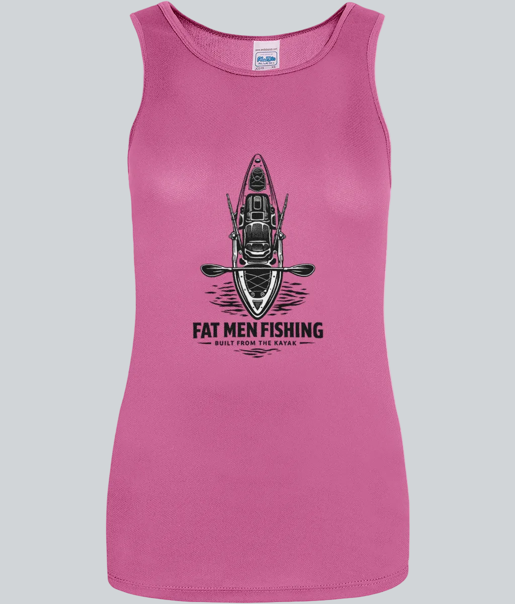 Pink tank top with kayak graphic and 'Fat Men Fishing' text on a white background