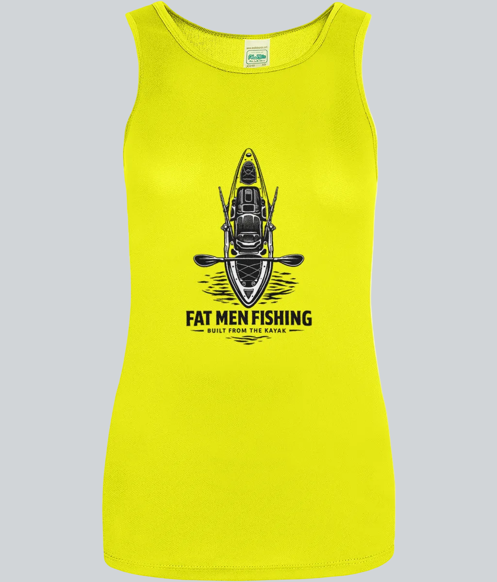 Yellow tank top with a kayak graphic and text on a white background