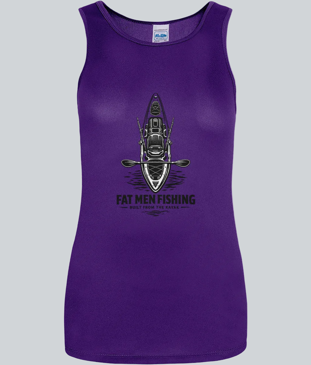 Purple tank top with a kayak graphic and text on a white background