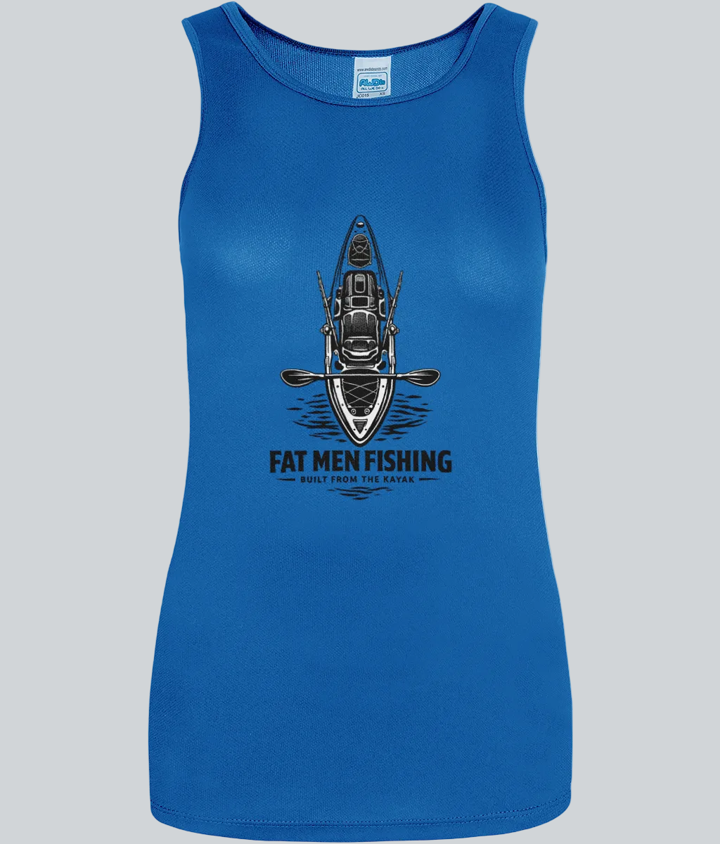 Blue tank top with a kayak graphic and text on a white background