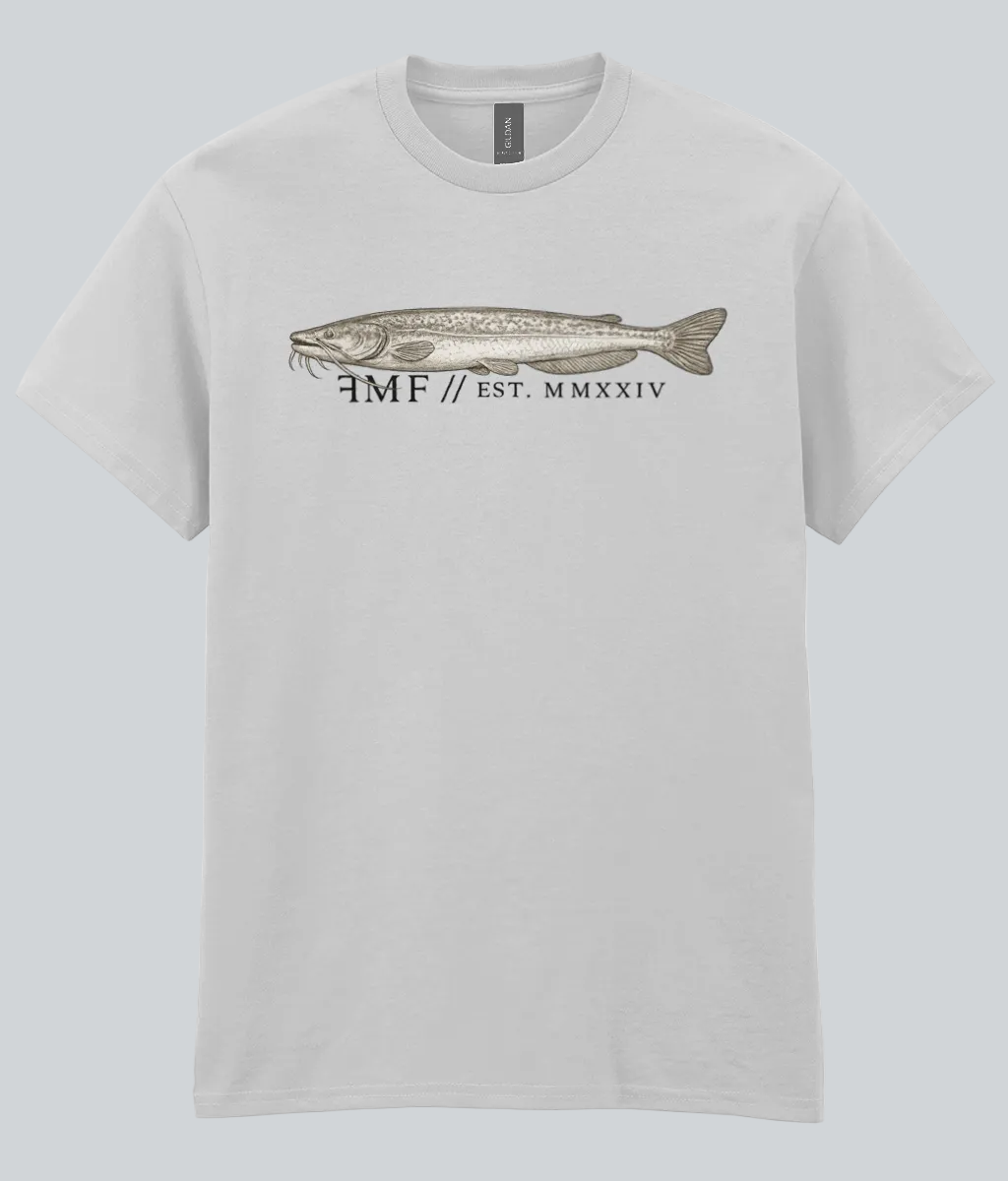 Gray t-shirt with a fish graphic and text on a white background