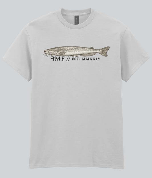 Gray t-shirt with a fish graphic and text on a white background