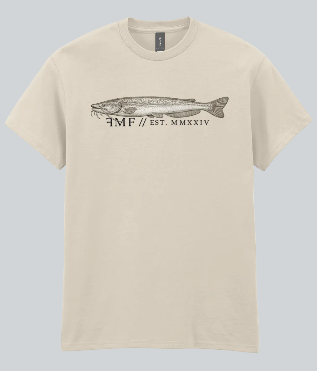 Beige t-shirt with a fish graphic and text on a white background