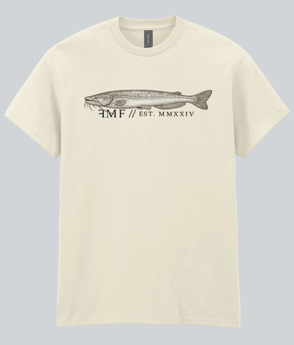 Beige t-shirt with a fish graphic and text on a white background