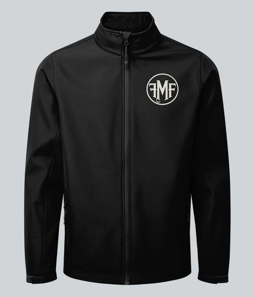 Black jacket with a logo on the chest against a white background