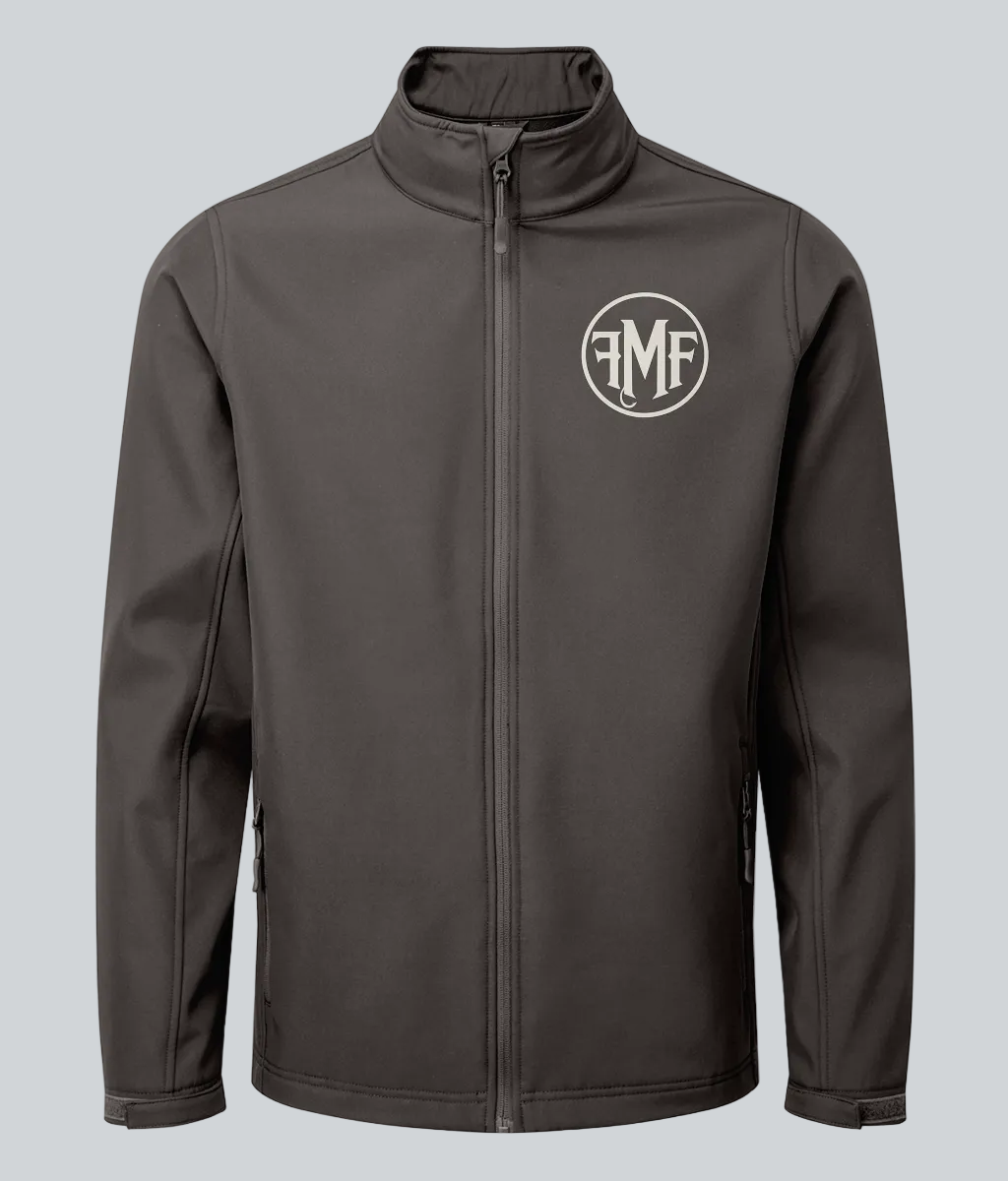 Dark gray jacket with a logo on the chest against a white background