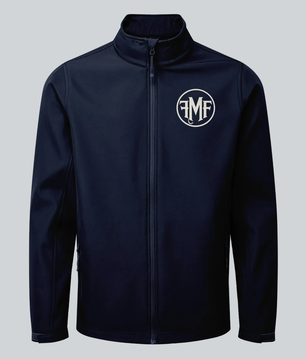 Navy blue jacket with a logo on the chest against a white background