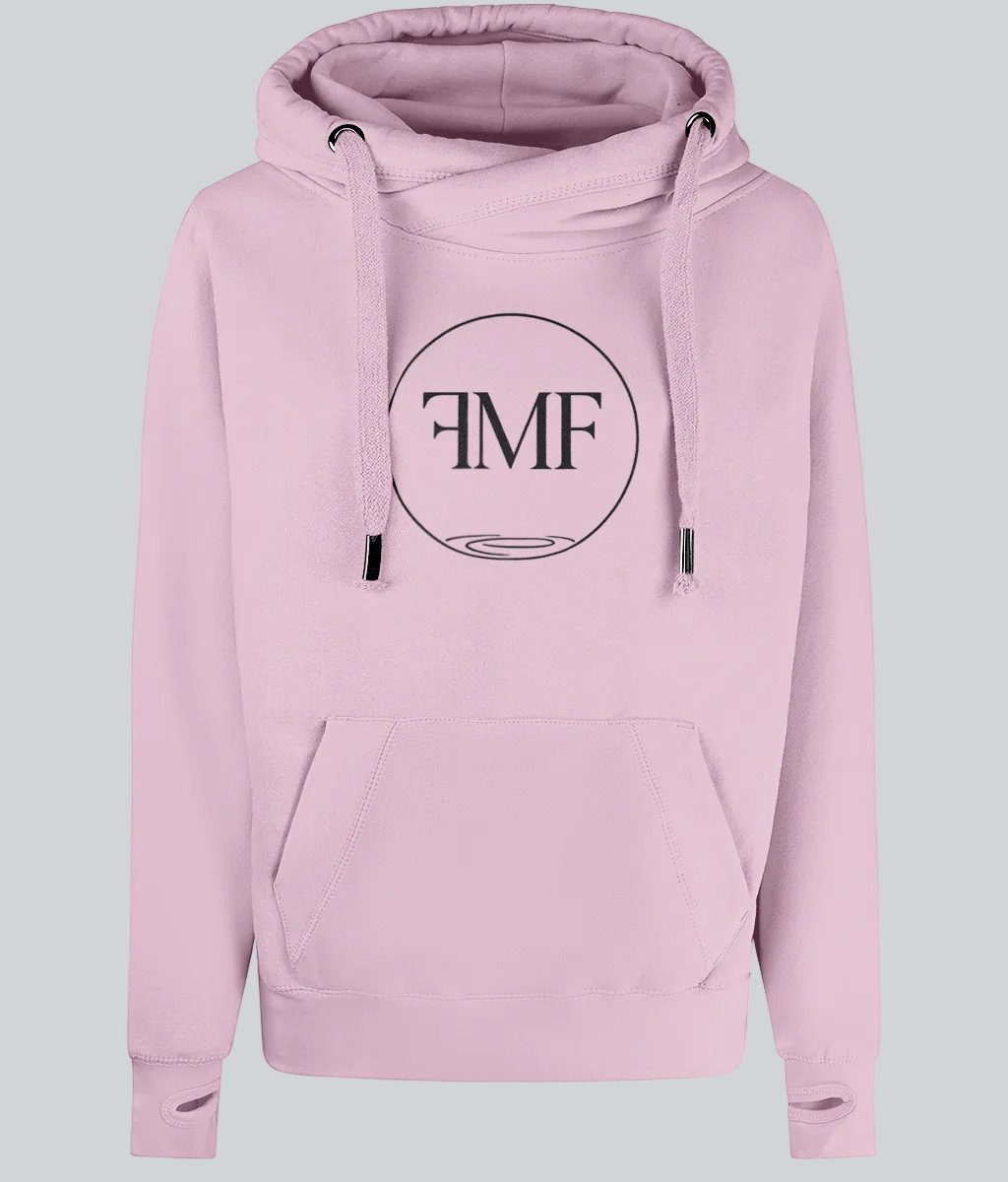 Pink hoodie with a logo on a white background