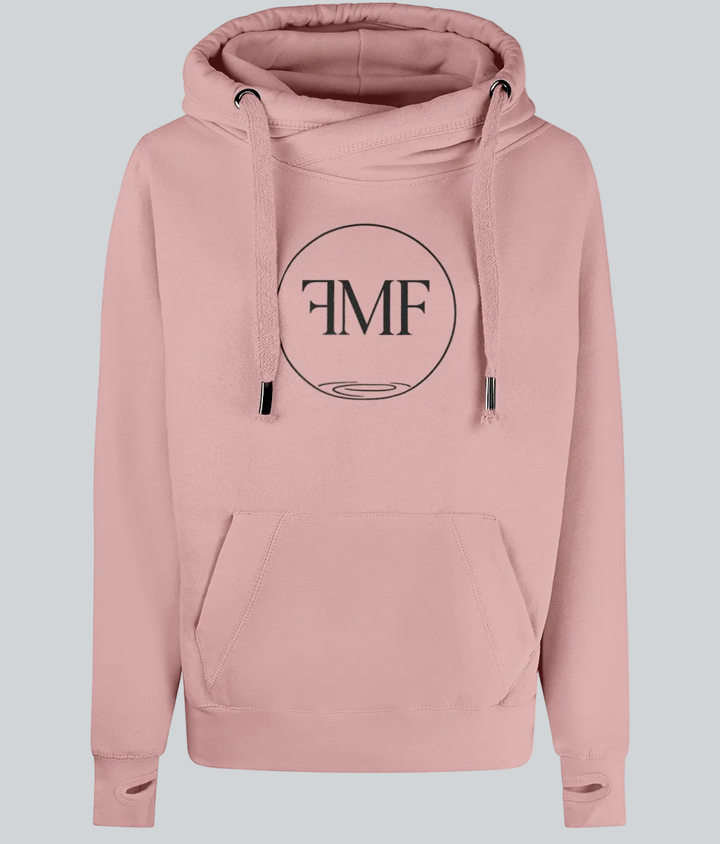 Pink hoodie with a black logo on a white background