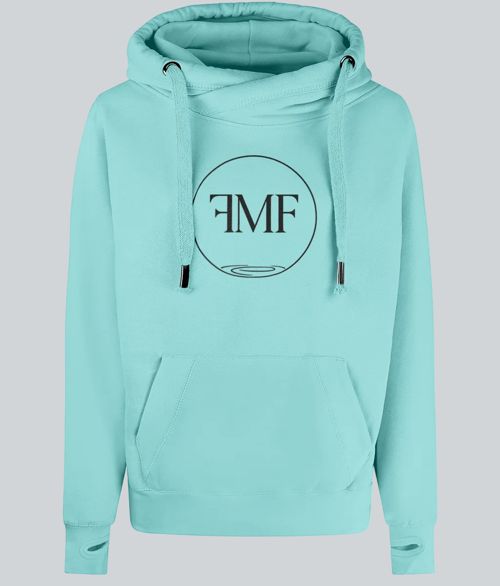 Light blue hoodie with a logo on a white background