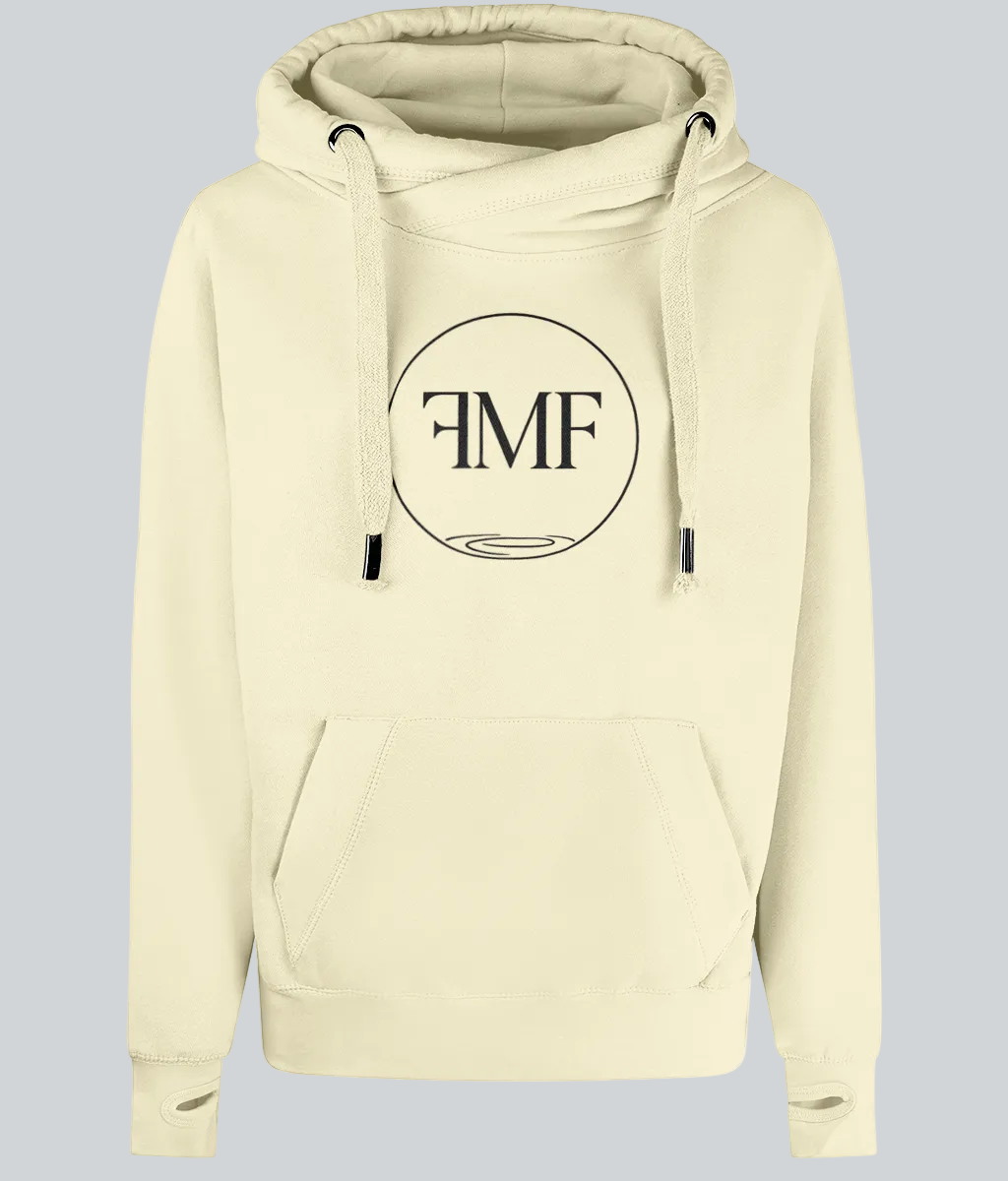 Beige hoodie with a logo on a white background