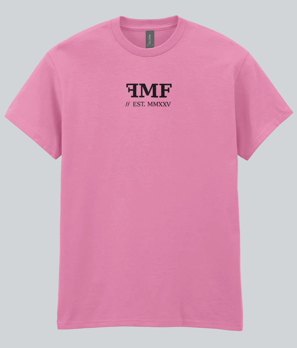 Pink t-shirt with black text on a white background