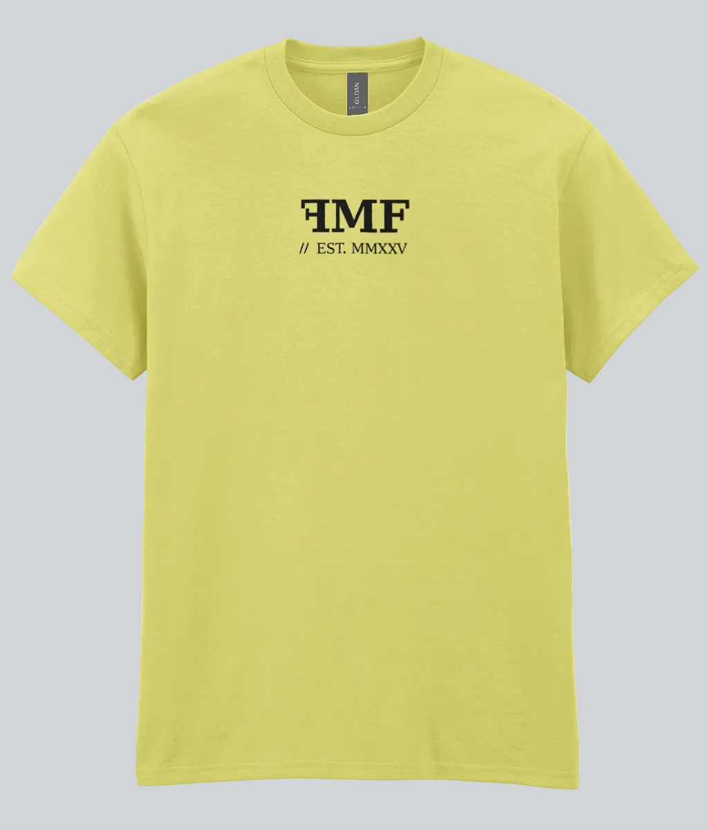 Yellow t-shirt with black logo and text on a white background