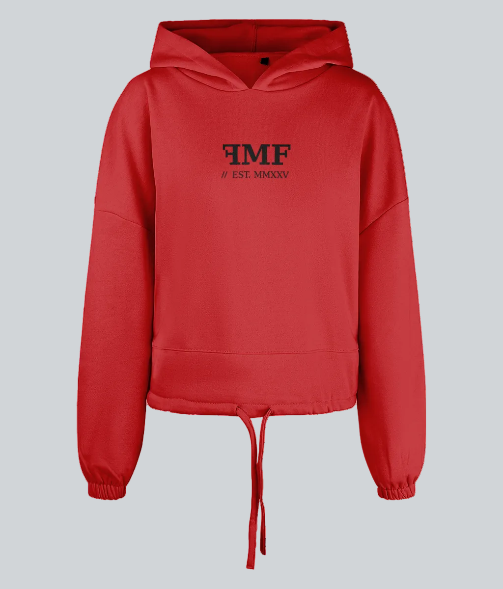 Red hoodie with black text on a white background