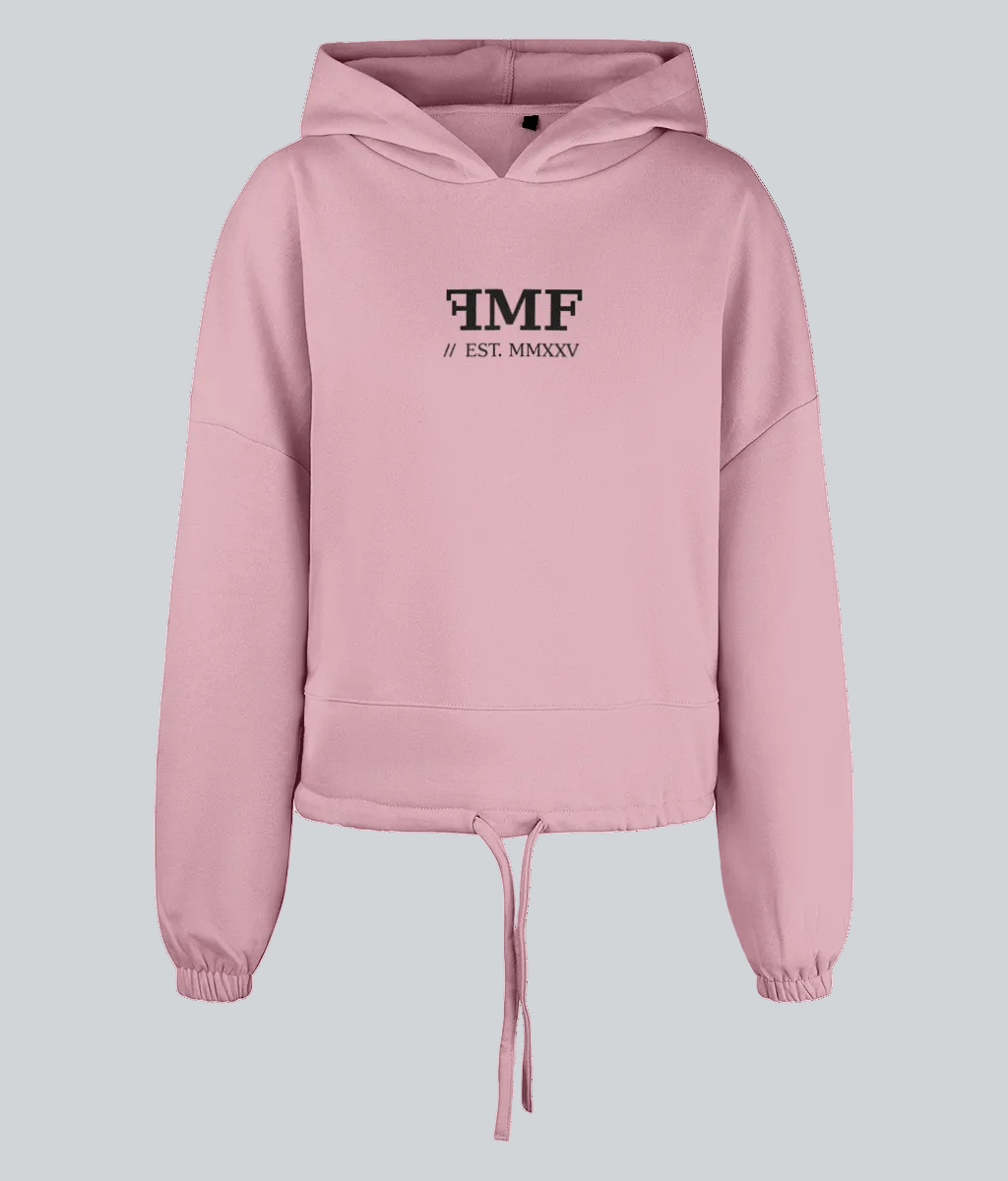Pink hoodie with black text on a white background