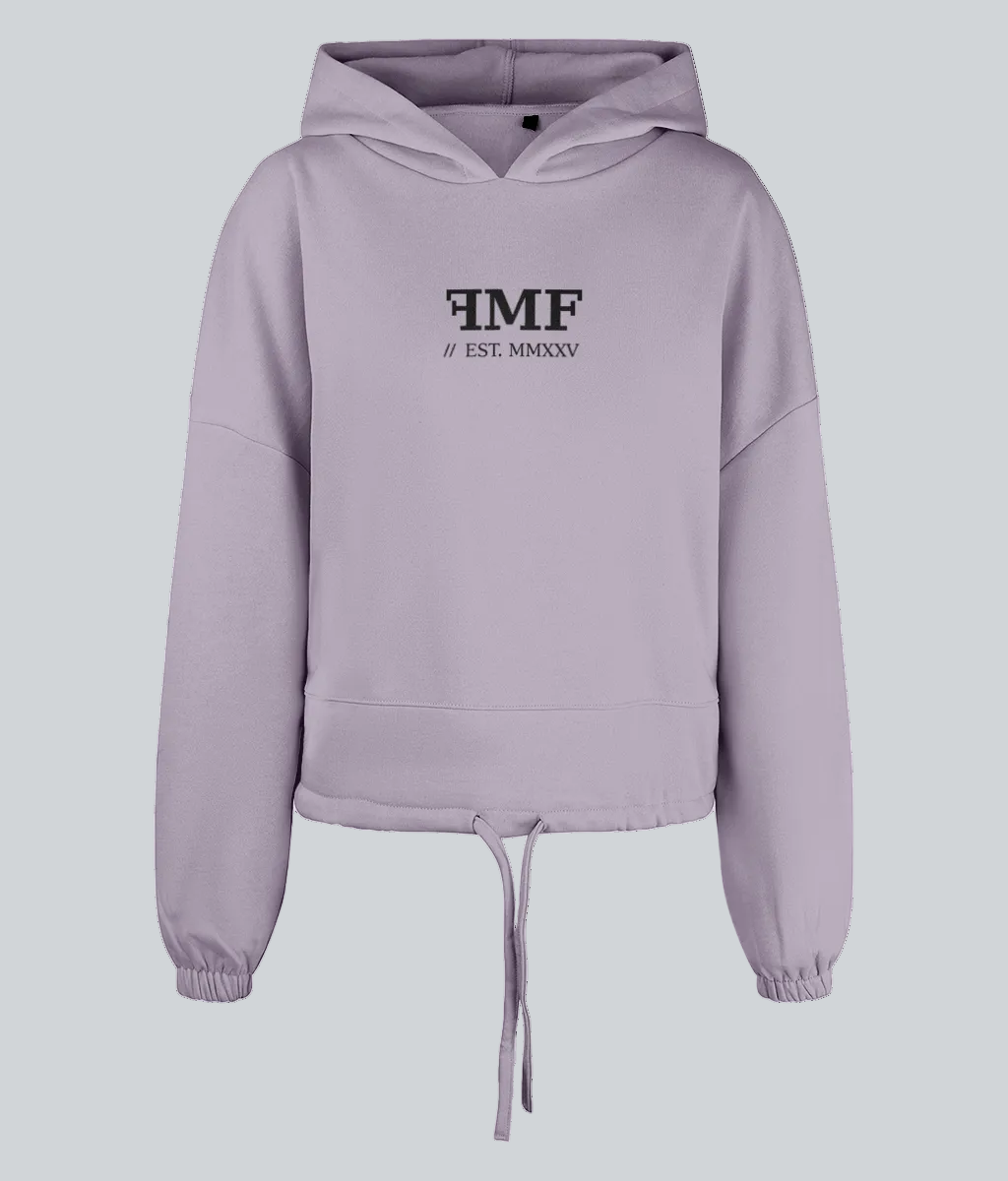Lavender hoodie with black text on a white background