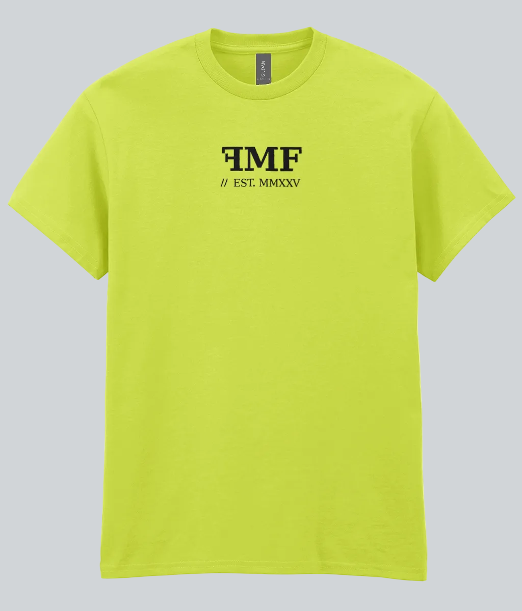 Lime green t-shirt with black text on a white background