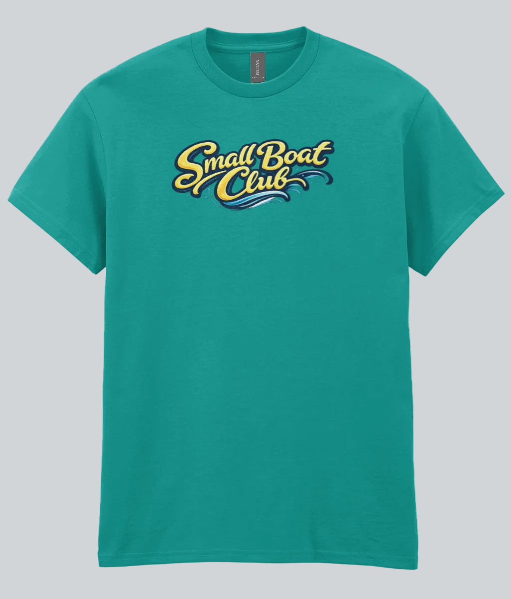 Teal t-shirt with 'Small Boat Club' text on a white background