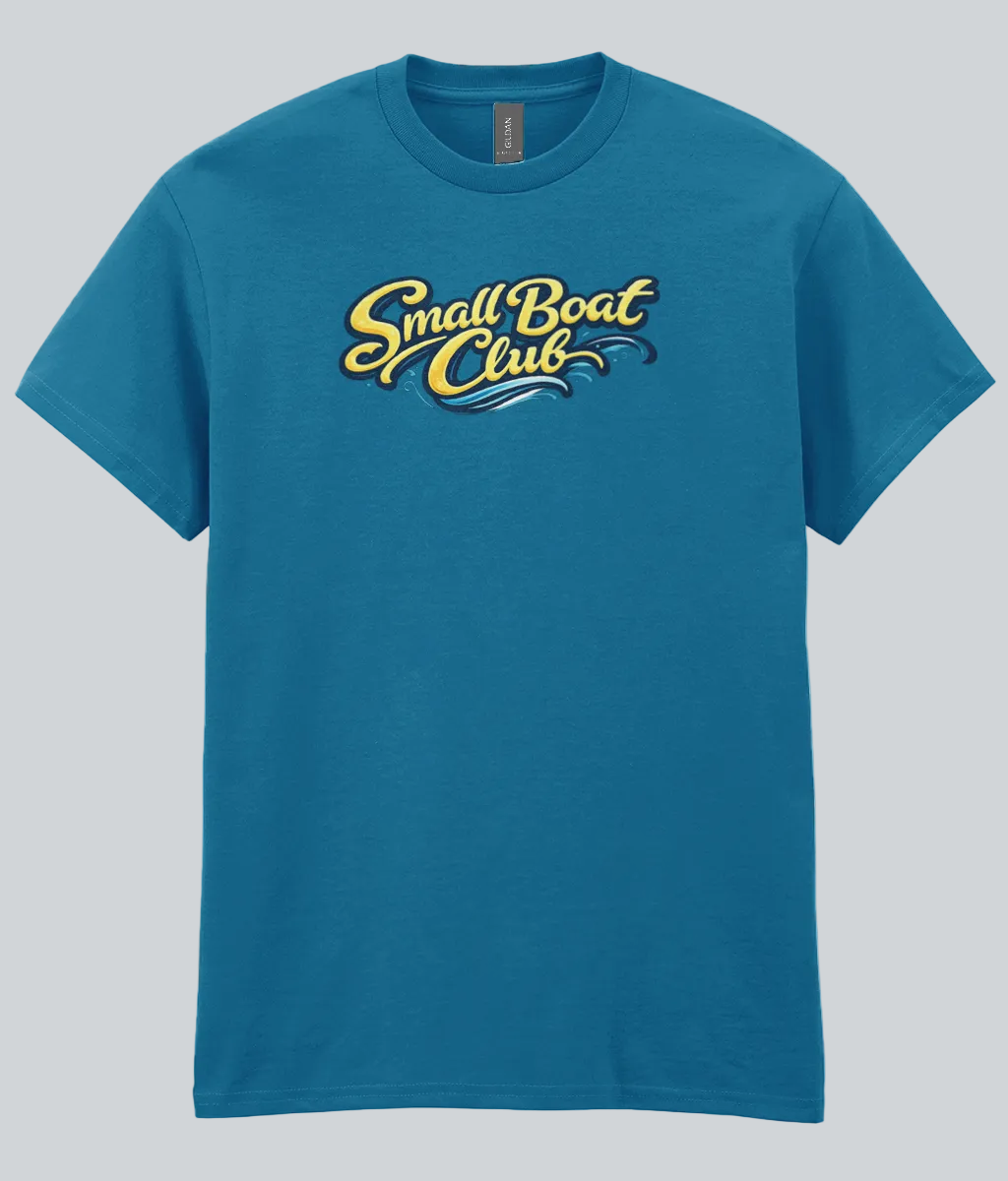 Blue t-shirt with 'Small Boat Club' text on a white background