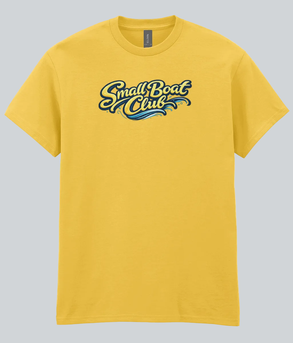 Yellow t-shirt with 'Small Boat Club' logo on a white background