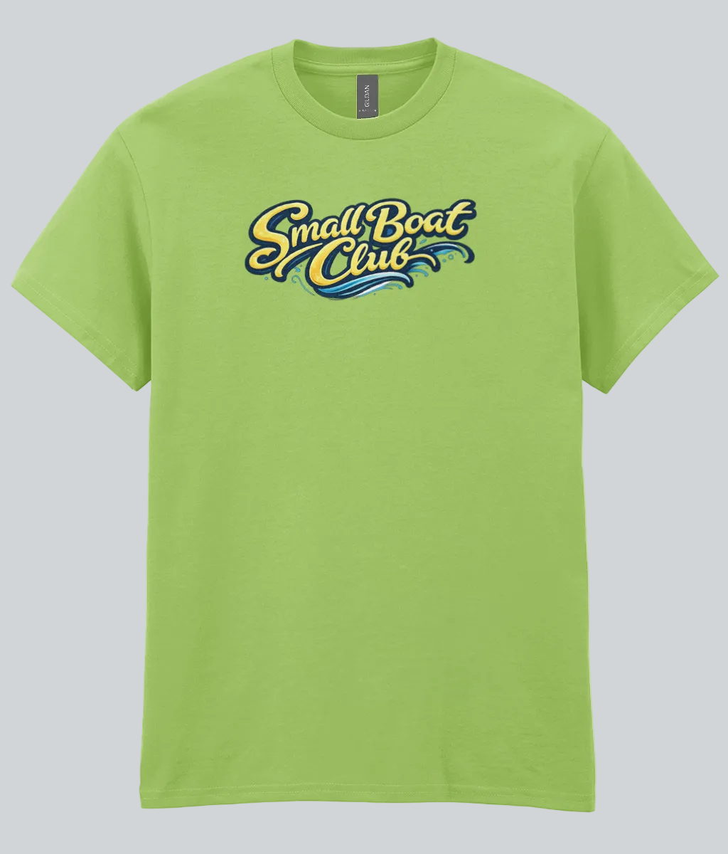 Green t-shirt with 'Small Boat Club' logo on a white background