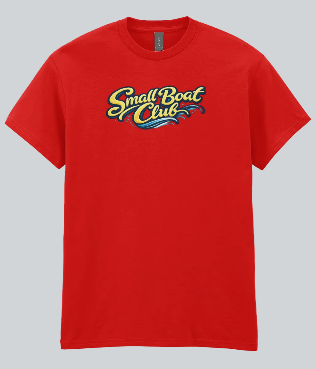Red t-shirt with 'Small Boat Club' logo on a white background