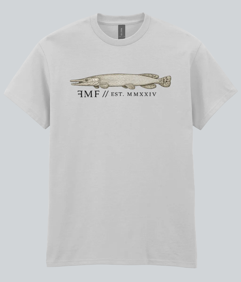 Gray t-shirt with a fish graphic and text on a white background