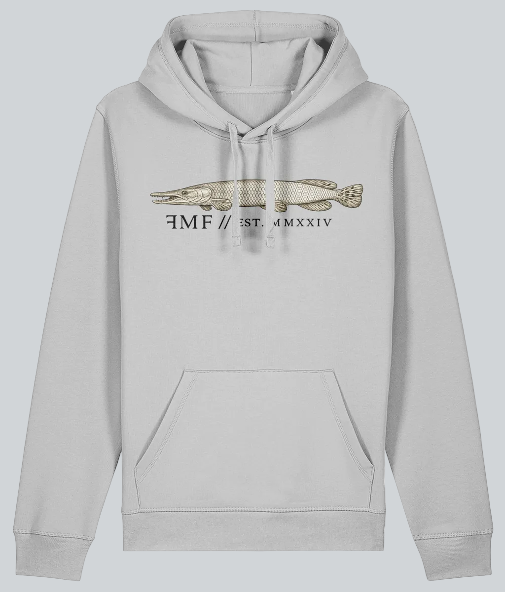 White hoodie with a graphic of a fish and text on a light gray background