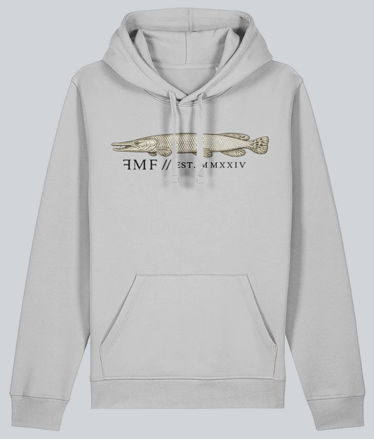 White hoodie with a graphic of a fish and text on a light gray background