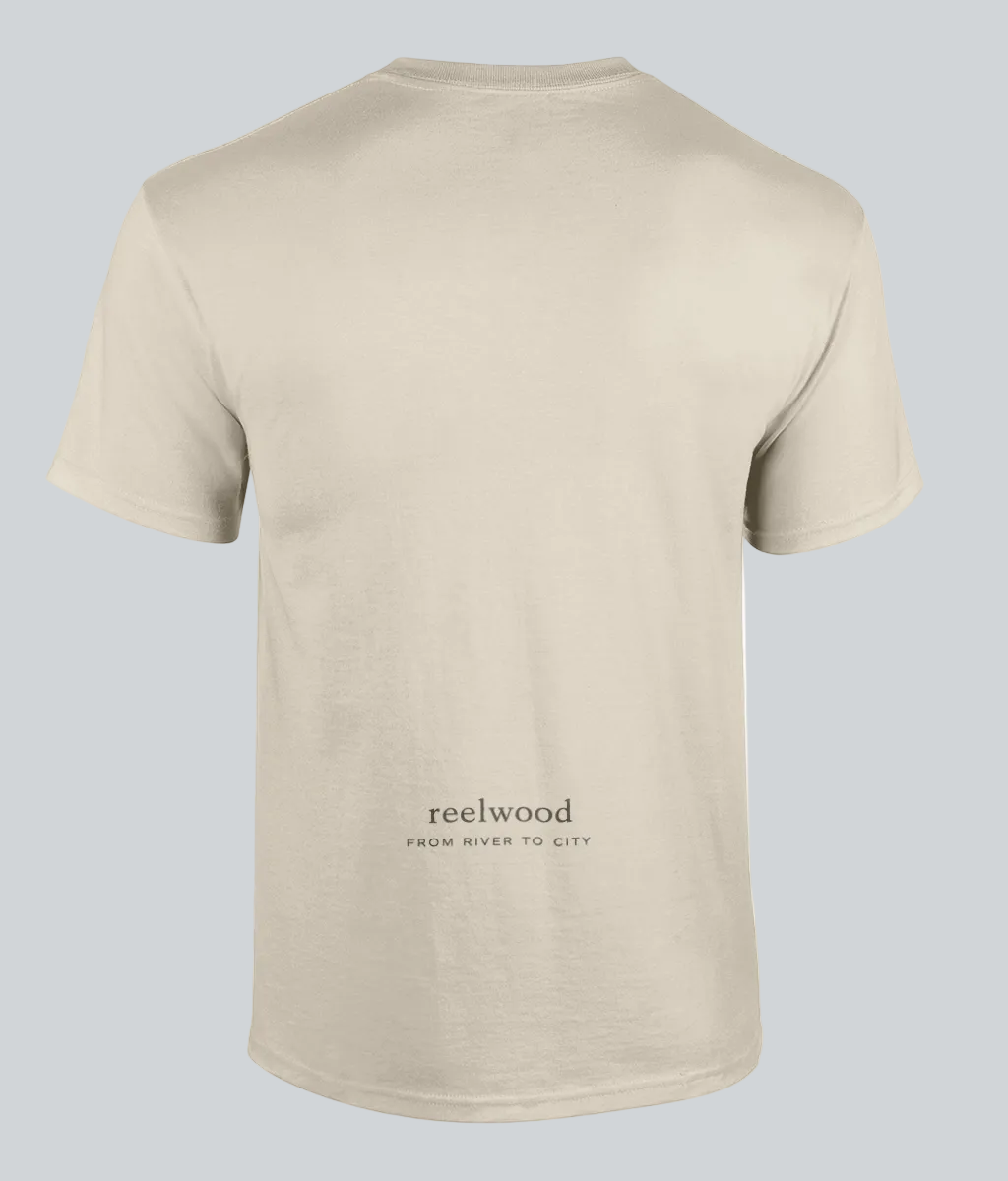 Beige t-shirt with 'reelwood from river to city' text on a white background