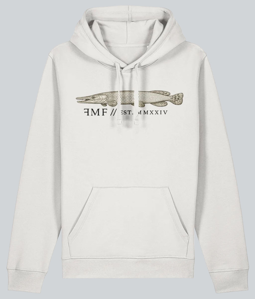 White hoodie with a graphic of a fish and text on a white background