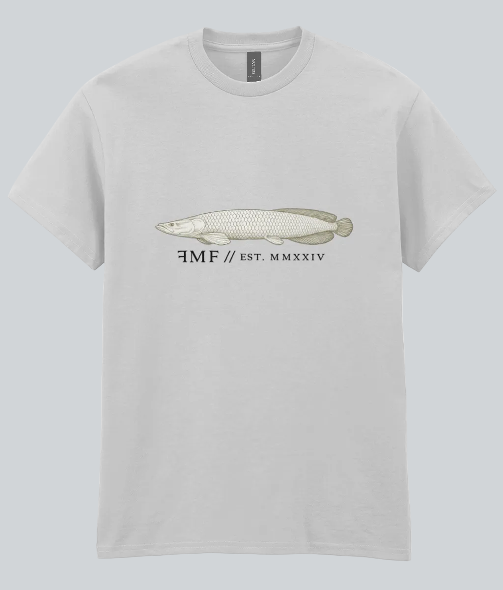 Gray t-shirt with a fish graphic and text on a white background