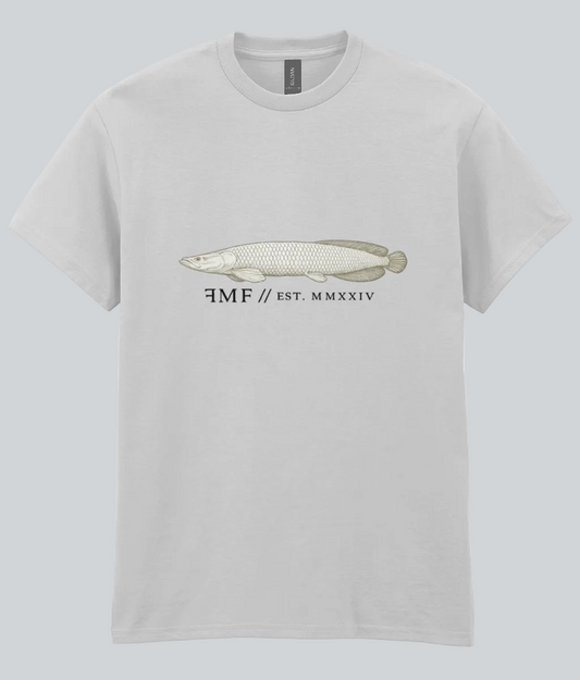 Gray t-shirt with a fish graphic and text on a white background