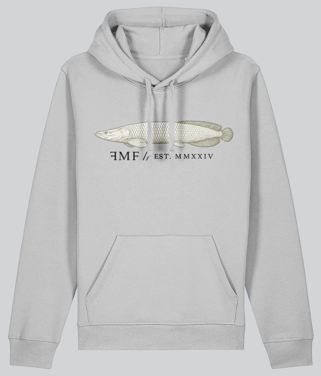 Gray hoodie with a fish graphic and text on a white background
