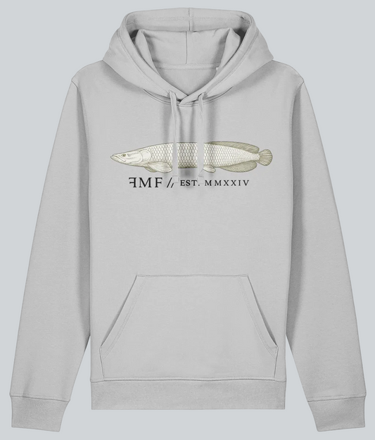 Gray hoodie with a fish graphic and text on a white background