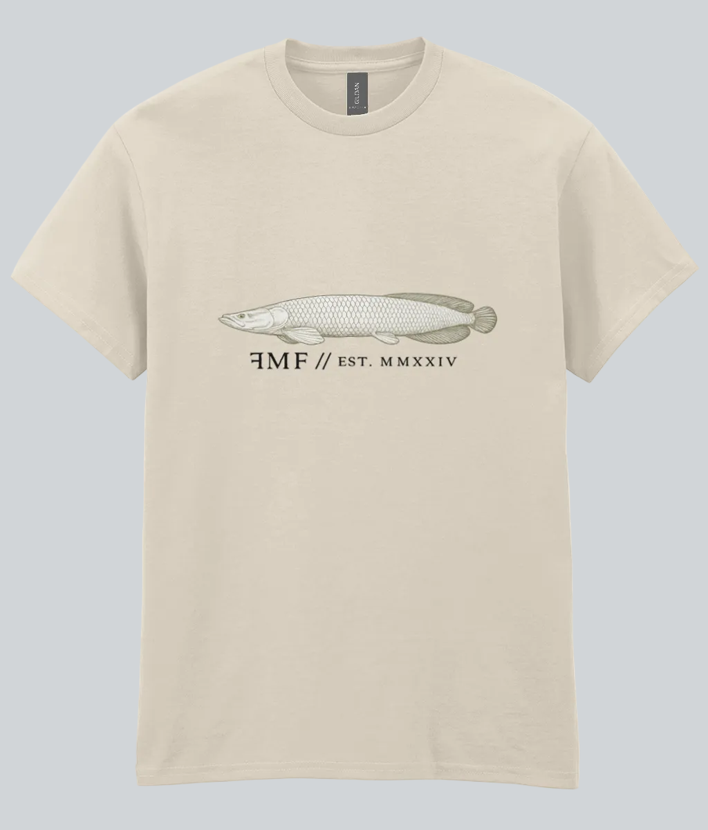 Beige t-shirt with fish graphic and text on a white background