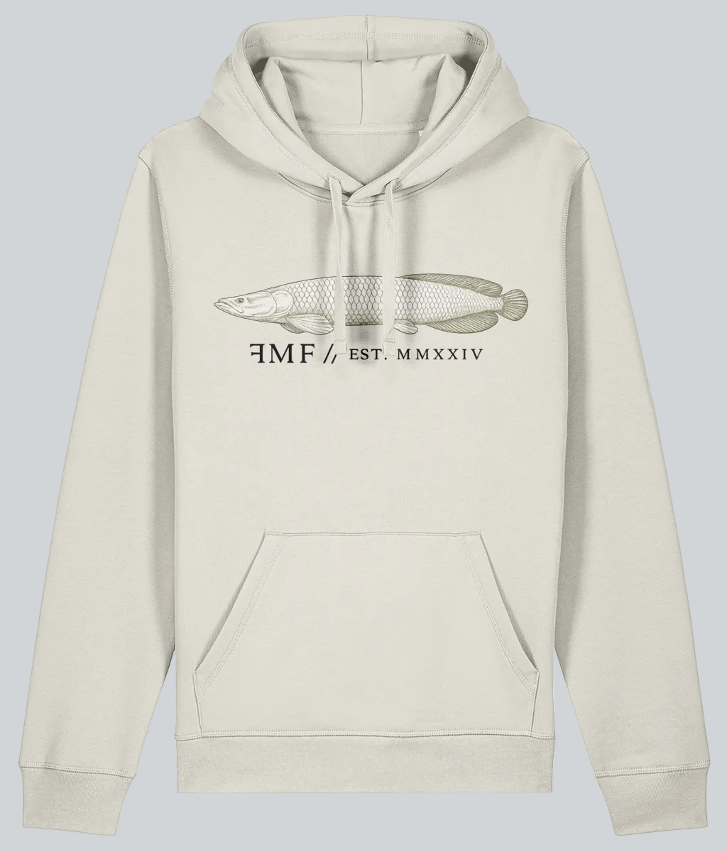 Beige hoodie with fish graphic and text on a white background