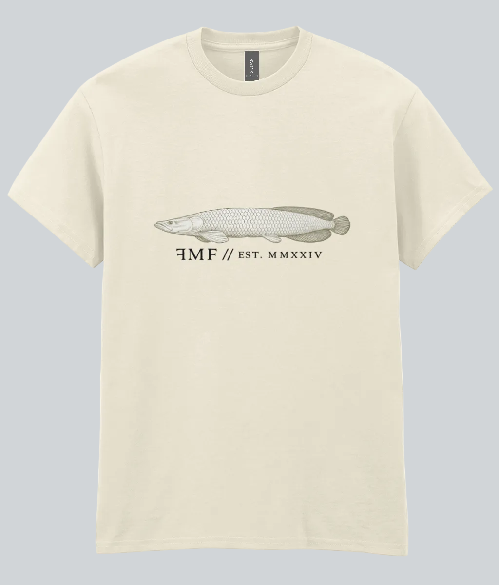 Beige t-shirt with a fish graphic and text on a white background