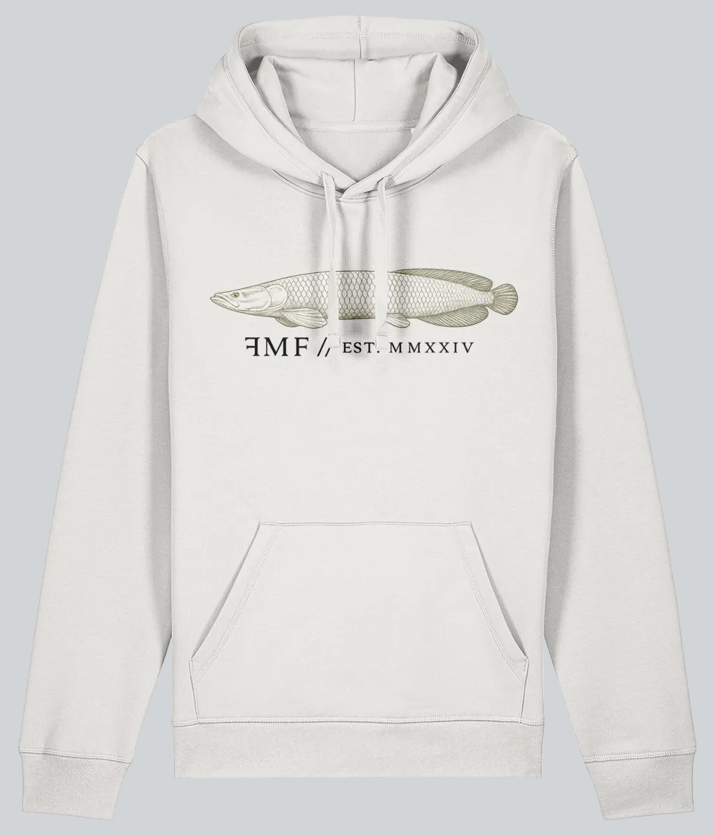 White hoodie with a fish graphic and text on a white background