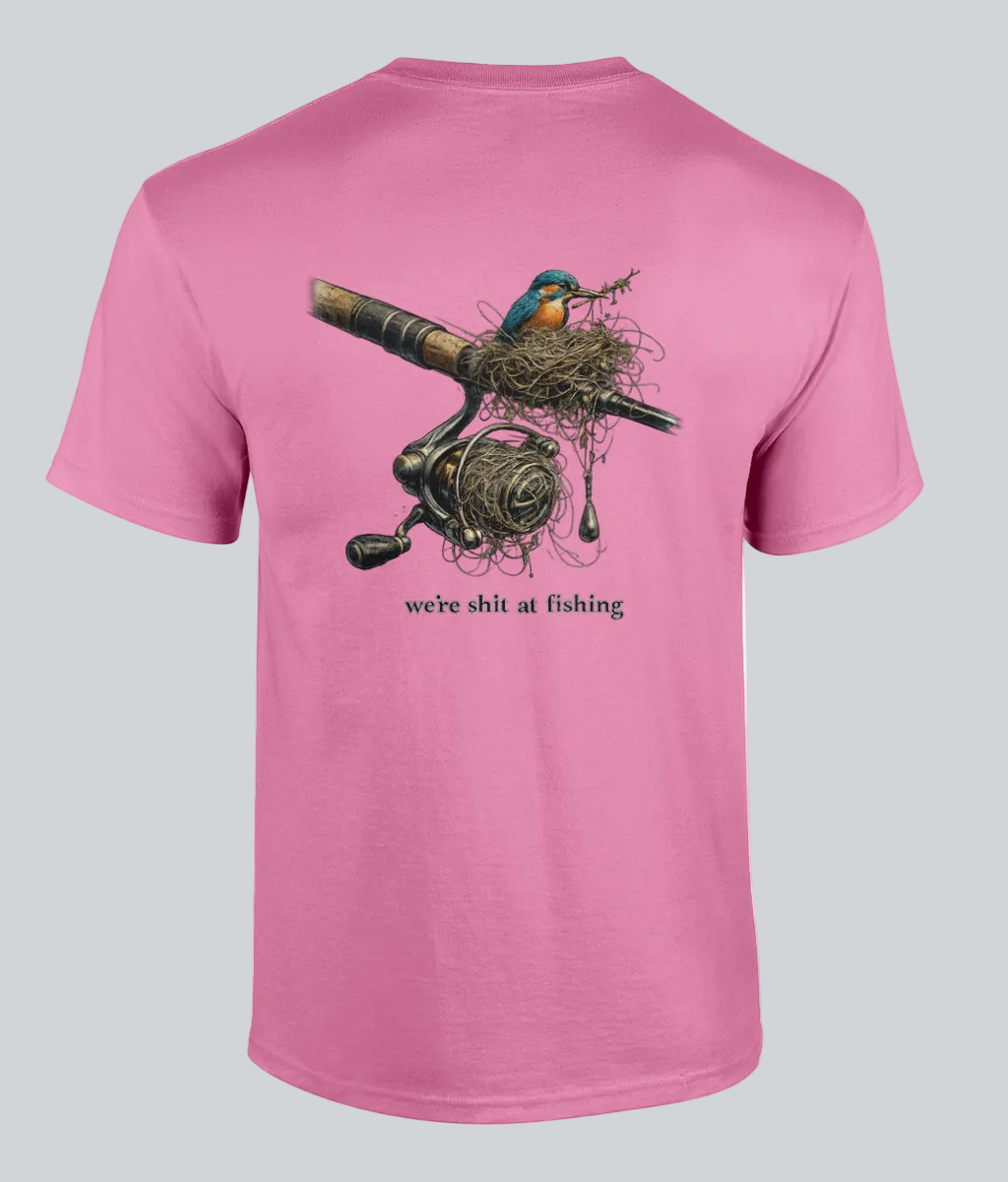 Pink t-shirt with a fishing reel and bird design on the back, on a white background.
