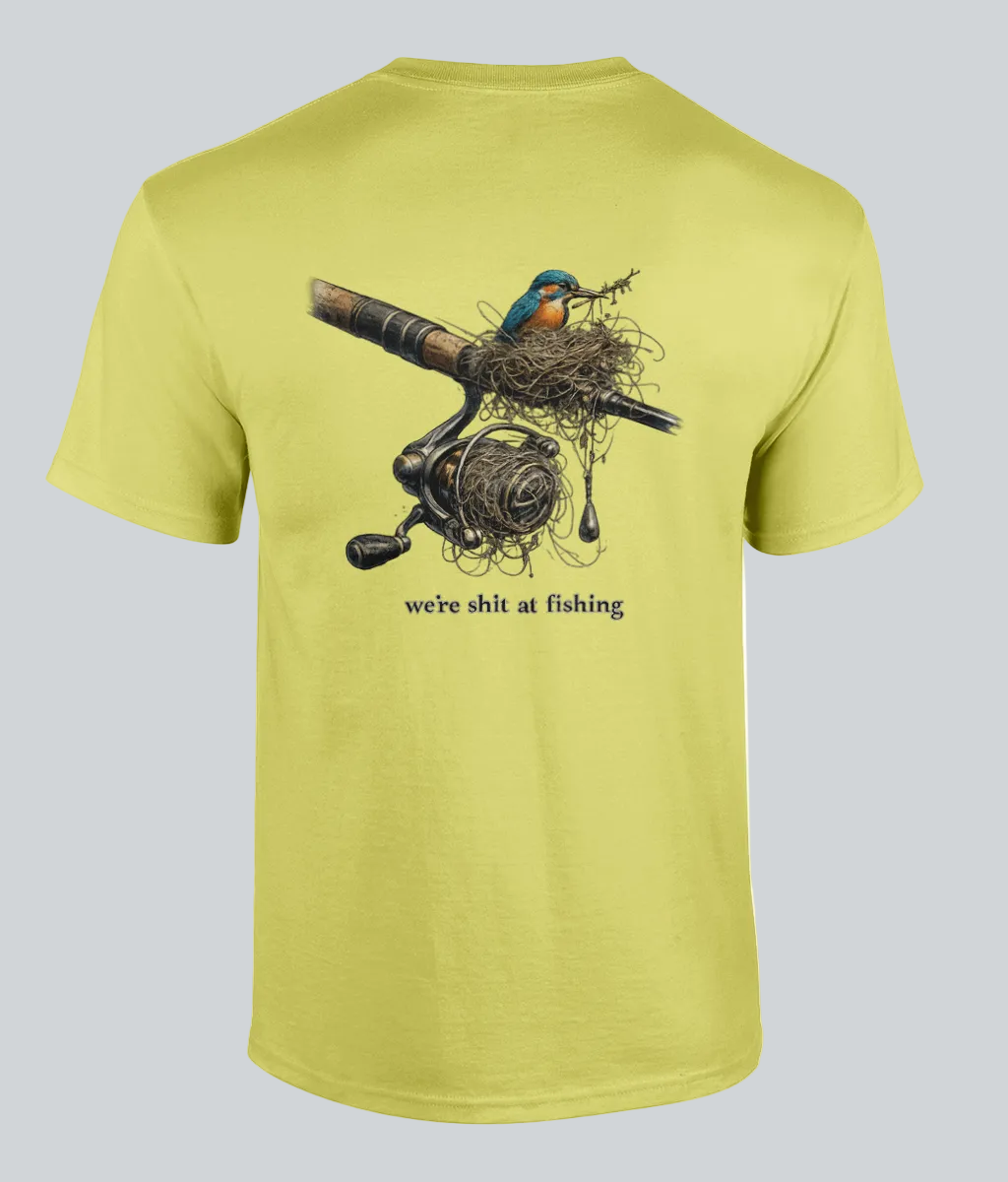 Yellow t-shirt with fishing reel and nest graphic on a white background