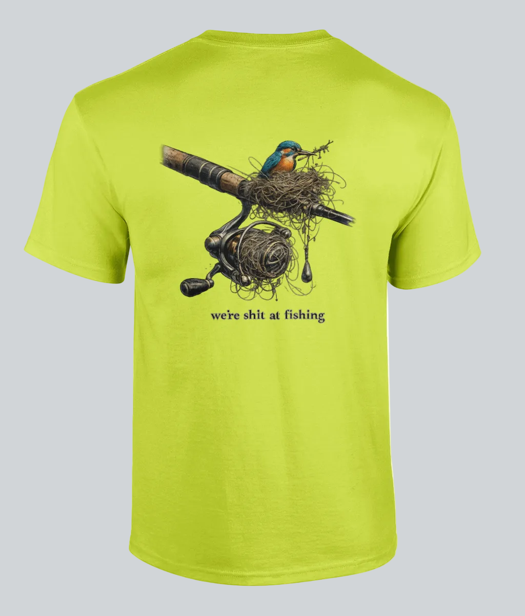 Lime green t-shirt with fishing graphic and text on a white background