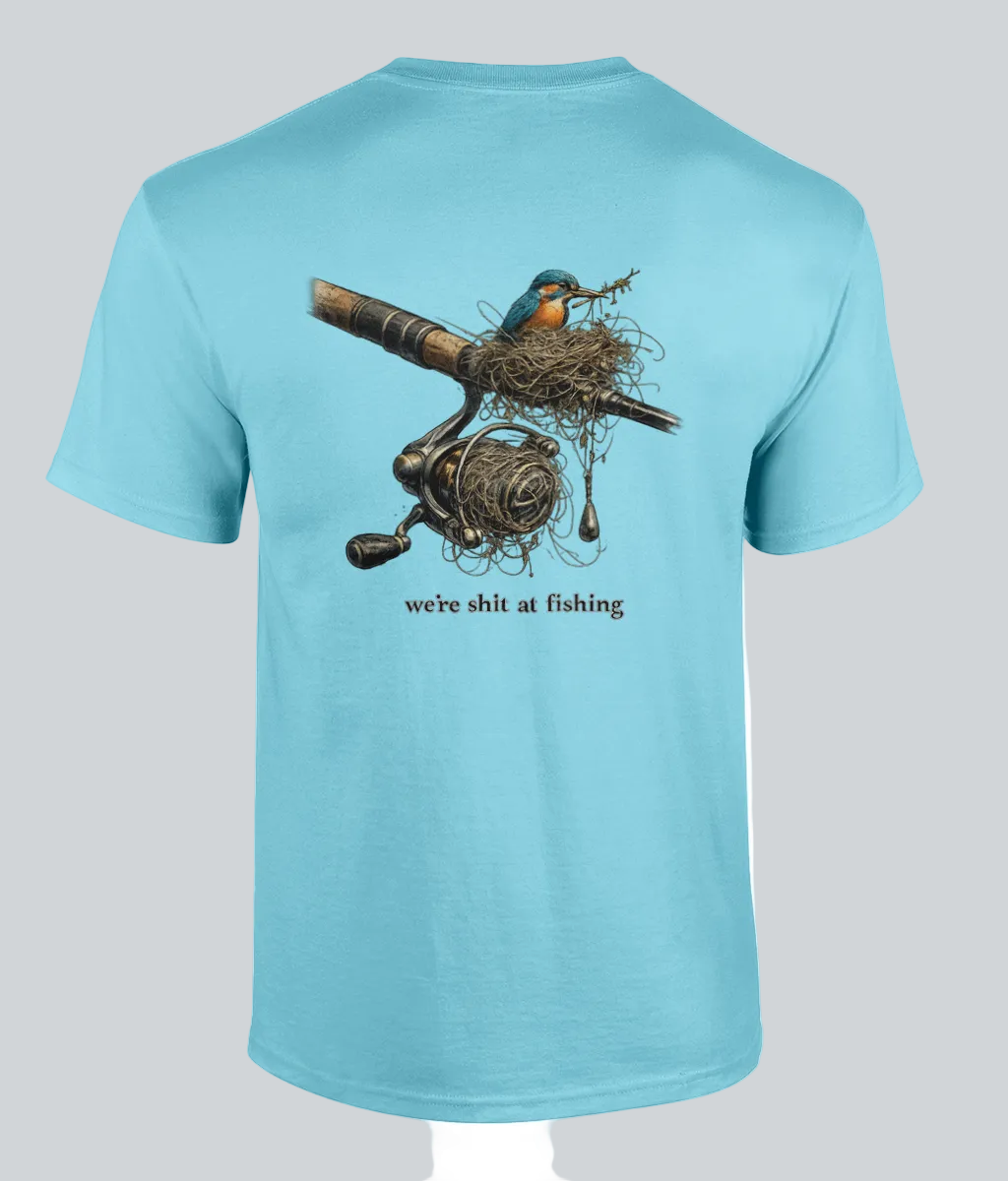 Light blue t-shirt with fishing reel and bird design on the back, on a white background