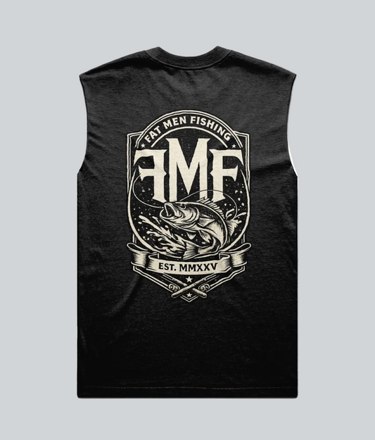 Black sleeveless shirt with AMF logo and text on a white background