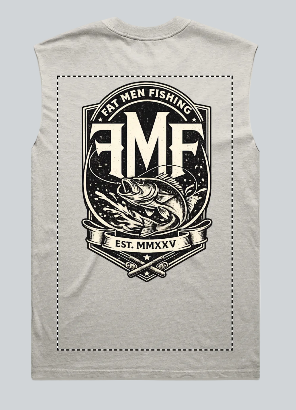 Gray sleeveless shirt with a black and white logo on the back
