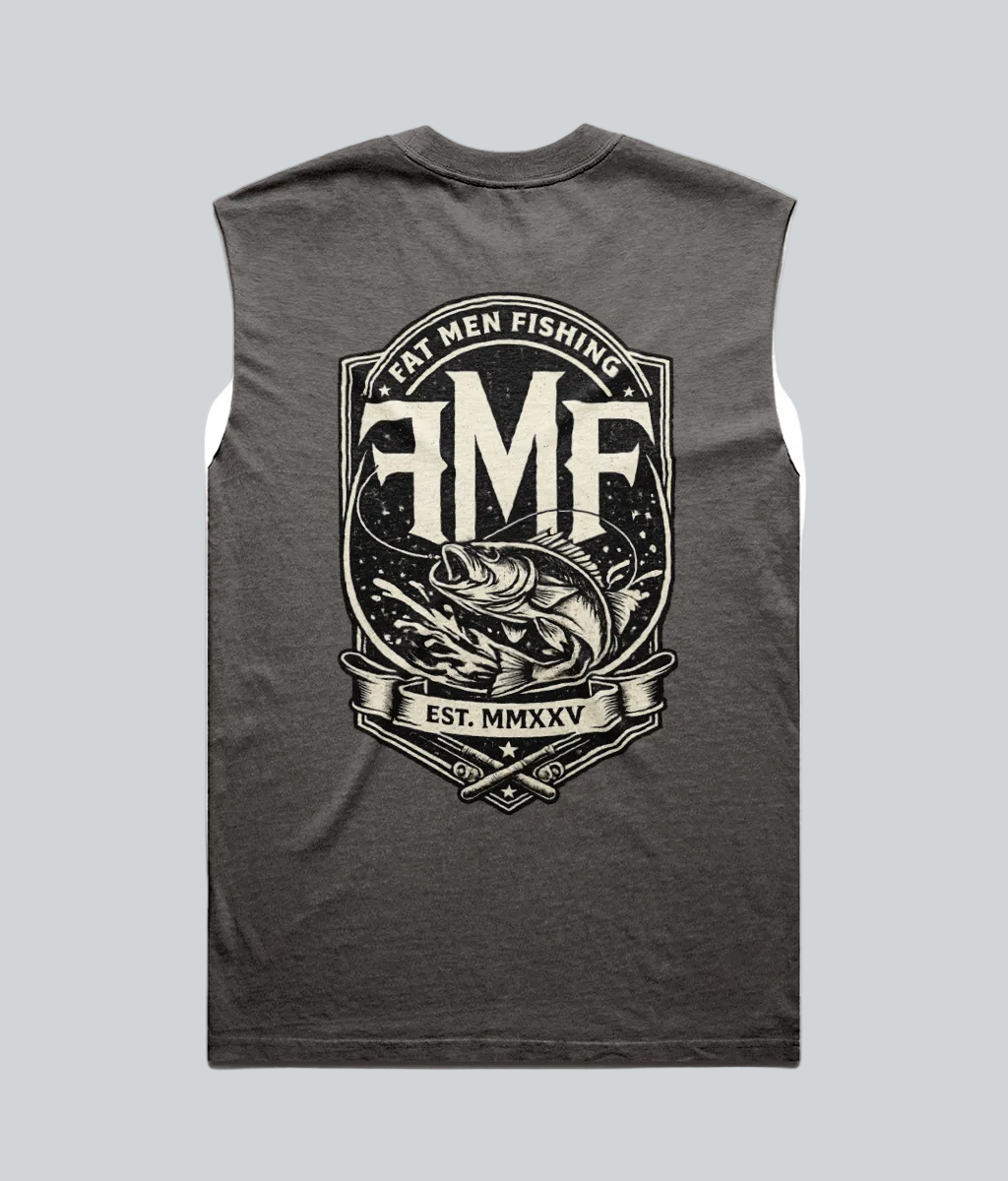 Gray sleeveless shirt with 'AMF' logo and text on a white background