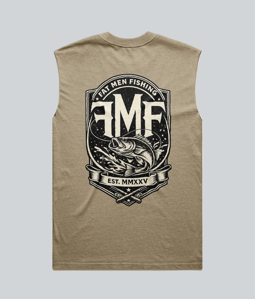 Brown sleeveless shirt with a fishing logo and text on a white background
