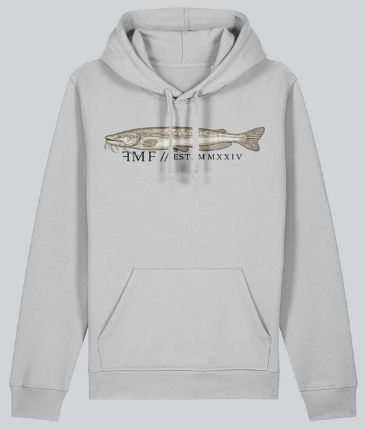 Gray hoodie with fish graphic and text on a white background